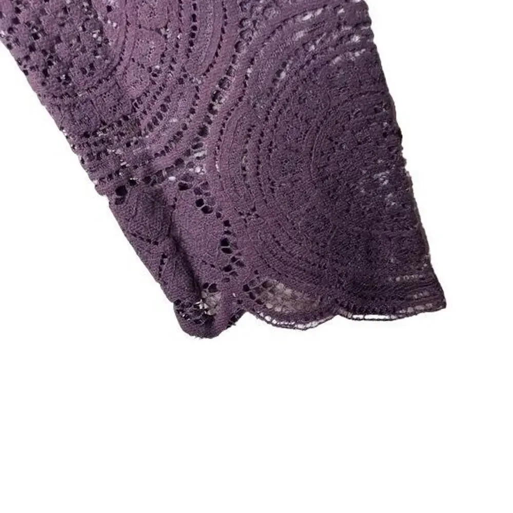 Ann Taylor Sheer Laced Long Sleeve Top Round Neck Key Hole Button XS Plum #4224